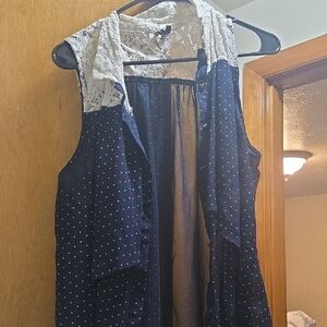 Navy Polka Dot Sleeveless Blouse with Lace Detail